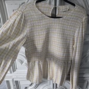 Smocked Peplum Plaid Long-Sleeve Top - Yellow & White